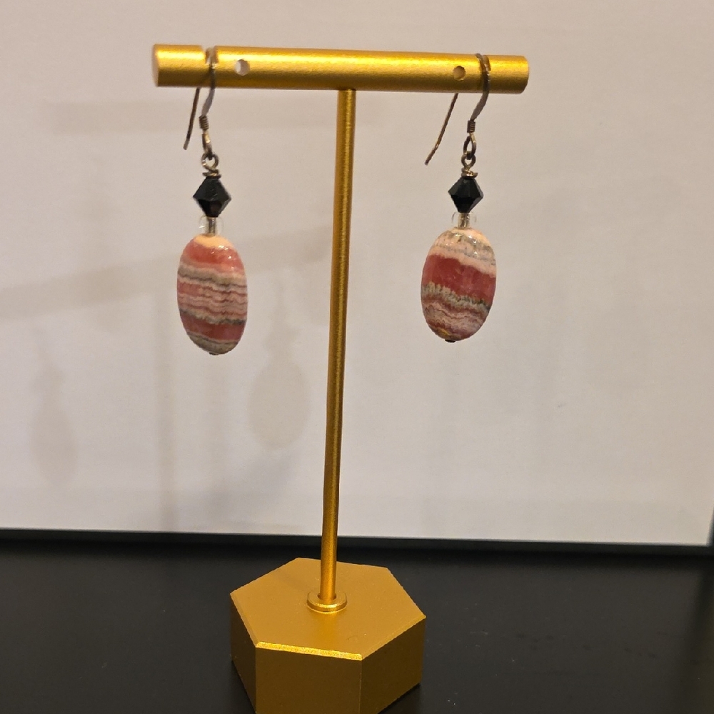 Elegant Pink Stone and Black Dangle Earrings